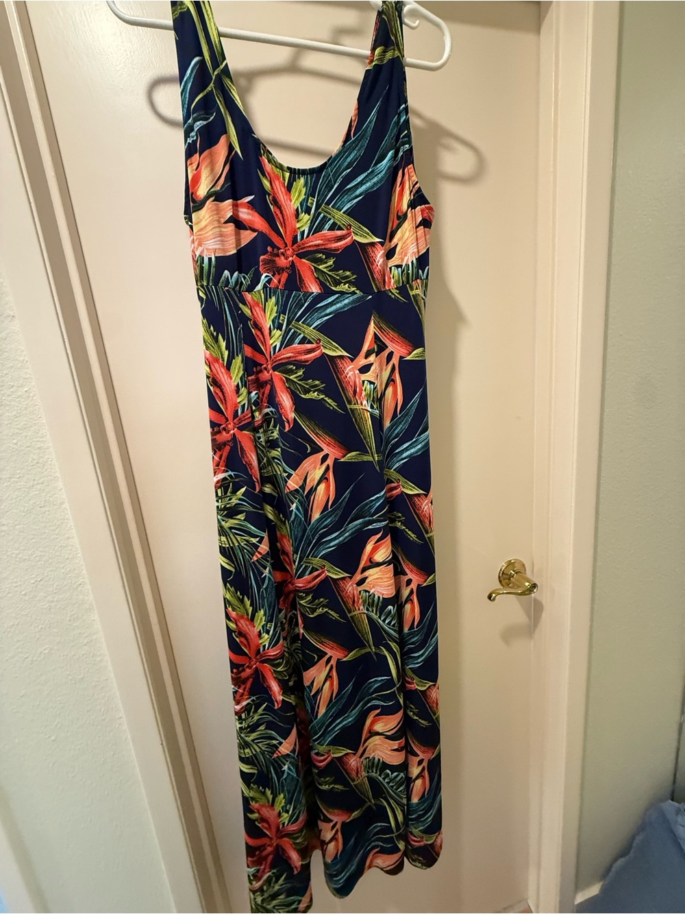 Tropical Navy Maxi Dress with Coral & Green Print